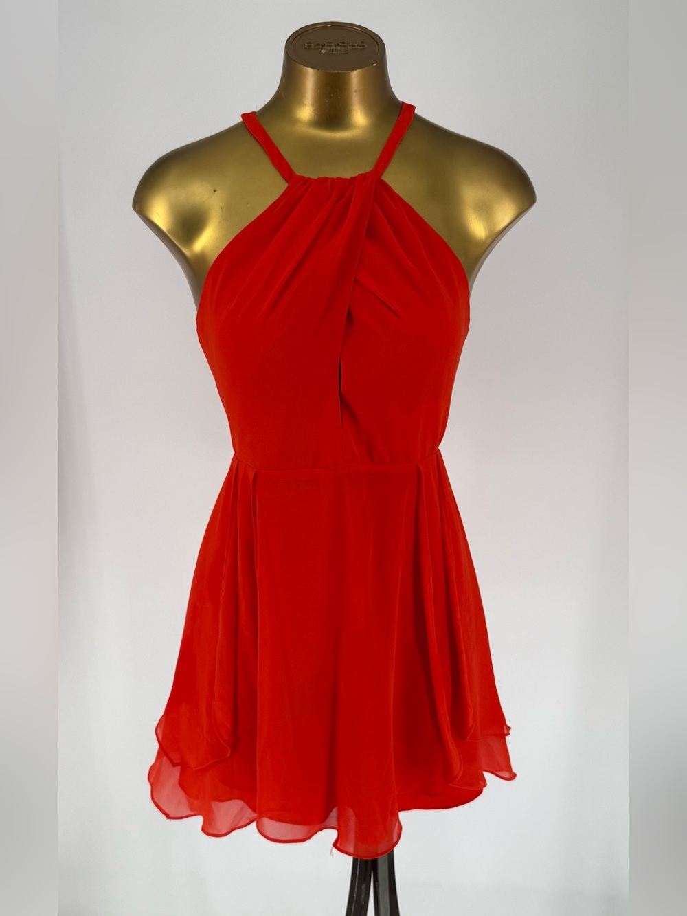 bebe Orange/Red Halter-Neck Chiffon Mini Dress with Keyhole Back
Size 4